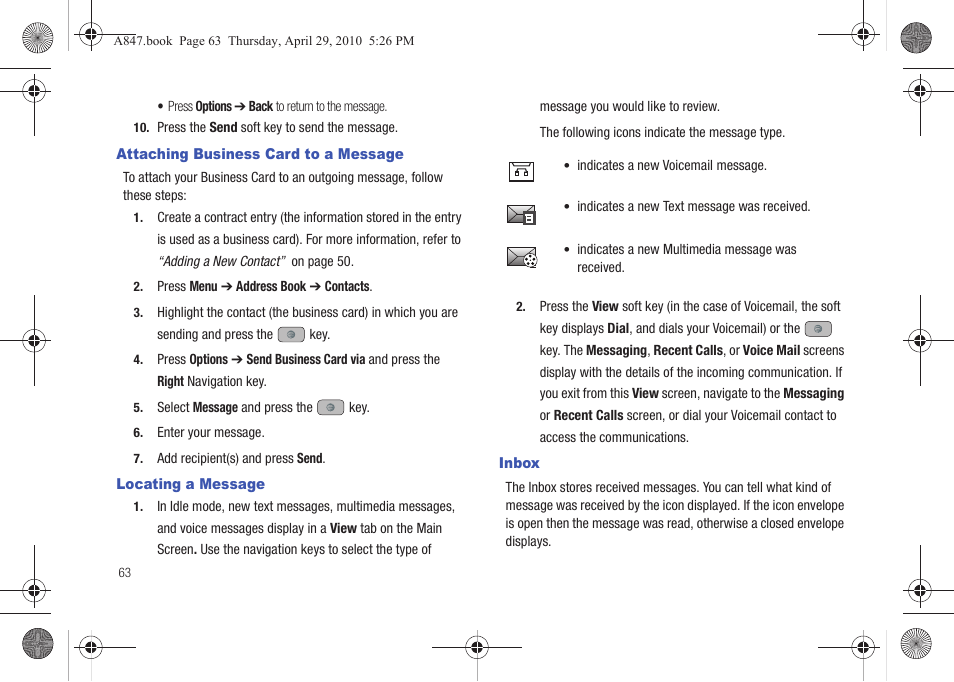 Attaching business card to a message, Locating a message, Inbox | Samsung SGH-A847ZAAATT User Manual | Page 68 / 187