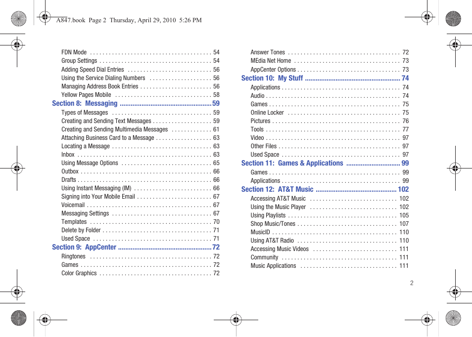 Section 8: messaging 59, Section 9: appcenter 72, Section 10: my stuff 74 | Section 11: games & applications 99, Section 12: at&t music 102 | Samsung SGH-A847ZAAATT User Manual | Page 7 / 187