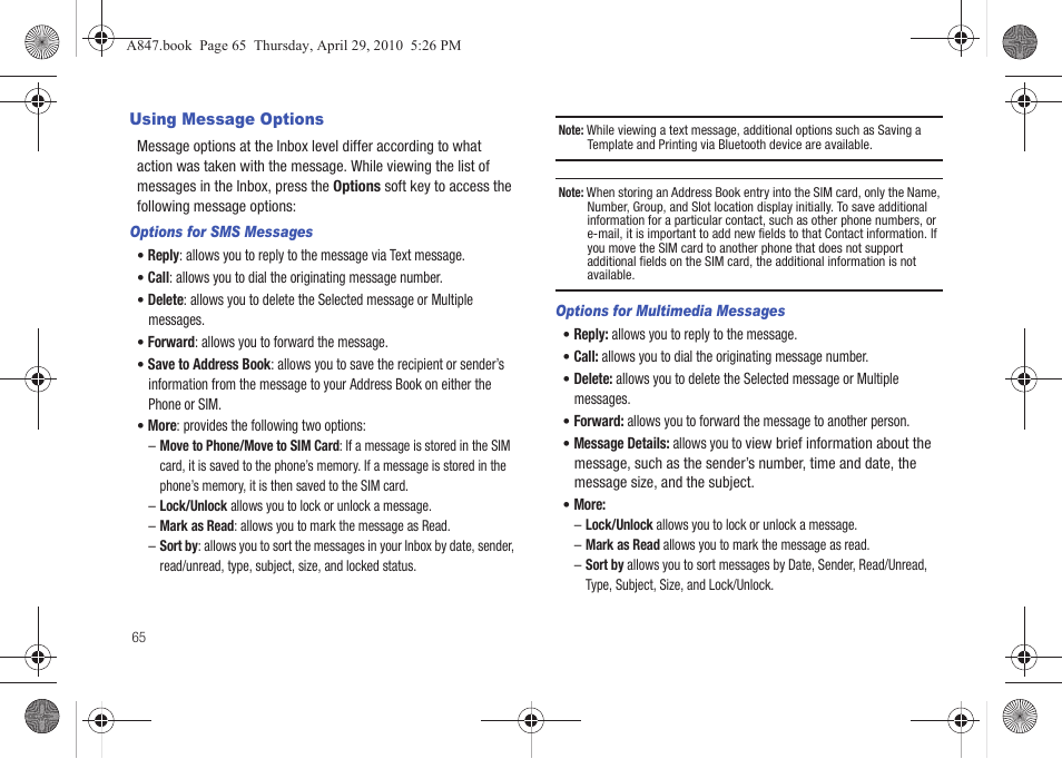 Using message options | Samsung SGH-A847ZAAATT User Manual | Page 70 / 187