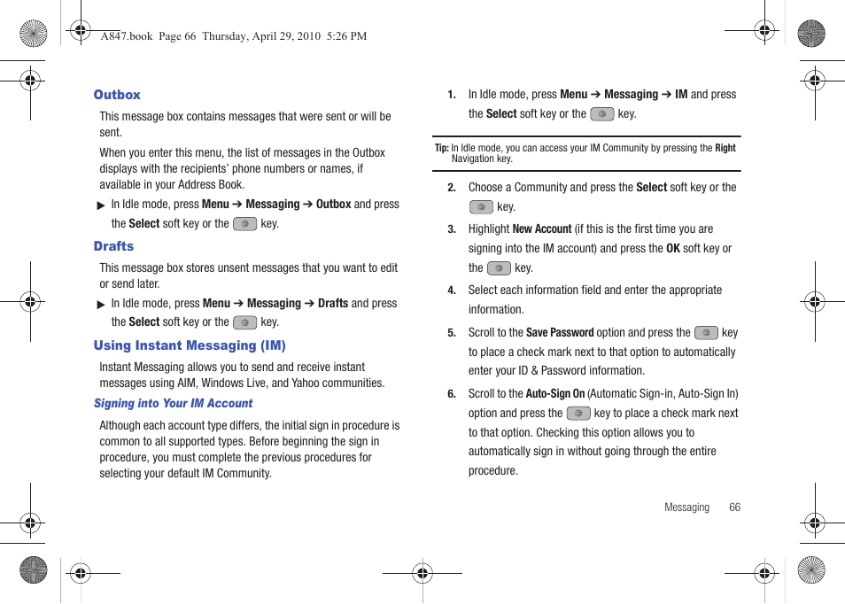 Outbox, Drafts, Using instant messaging (im) | Outbox drafts using instant messaging (im) | Samsung SGH-A847ZAAATT User Manual | Page 71 / 187