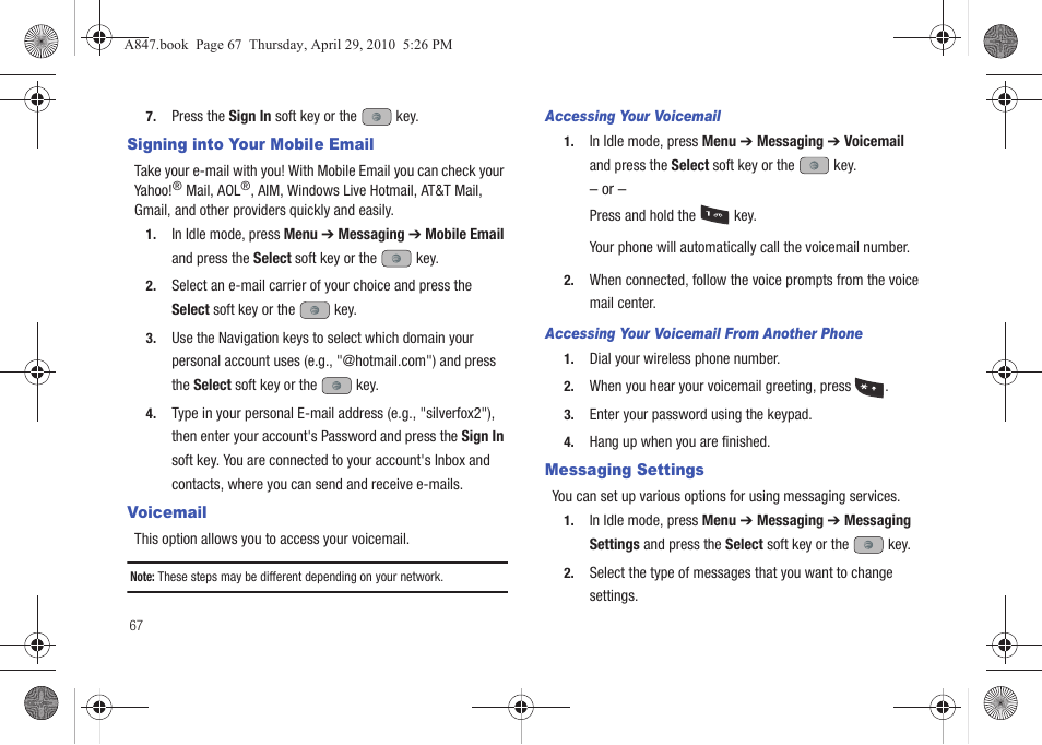 Signing into your mobile email, Voicemail, Messaging settings | Samsung SGH-A847ZAAATT User Manual | Page 72 / 187