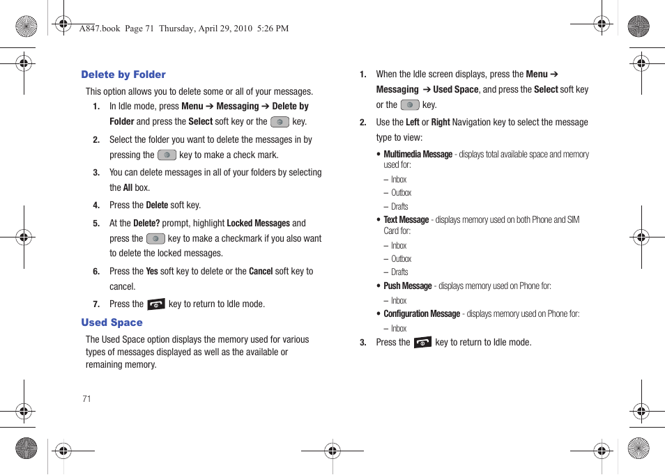 Delete by folder, Used space, Delete by folder used space | Samsung SGH-A847ZAAATT User Manual | Page 76 / 187