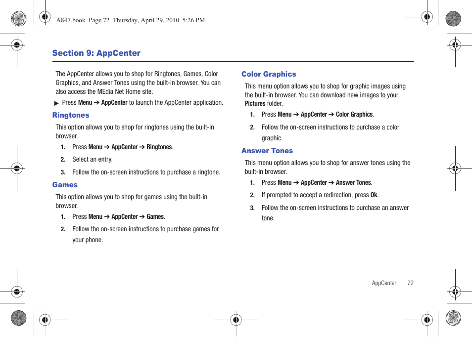 Section 9: appcenter, Ringtones, Games | Color graphics, Answer tones, Ringtones games color graphics | Samsung SGH-A847ZAAATT User Manual | Page 77 / 187