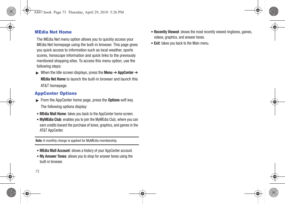 Media net home, Appcenter options, Media net home appcenter options | Samsung SGH-A847ZAAATT User Manual | Page 78 / 187