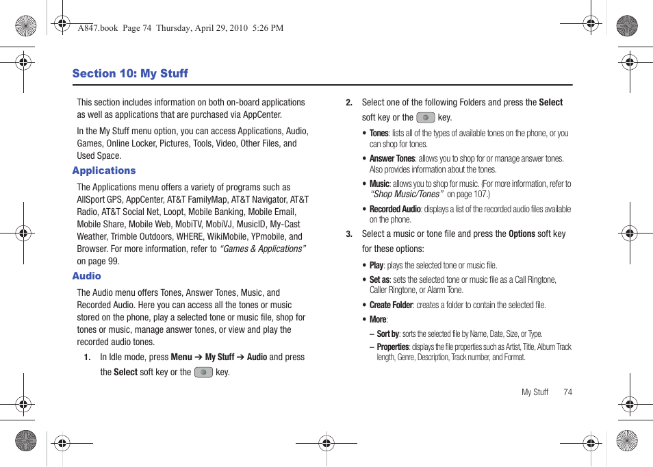 Section 10: my stuff, Applications, Audio | Applications audio | Samsung SGH-A847ZAAATT User Manual | Page 79 / 187