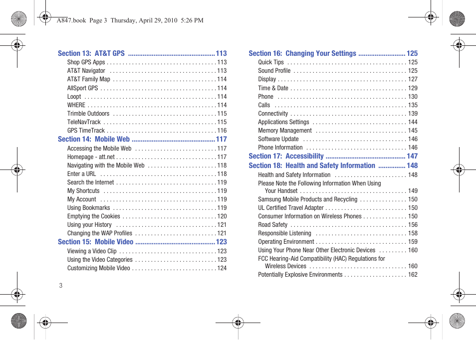 Section 13: at&t gps 113, Section 14: mobile web 117, Section 15: mobile video 123 | Section 16: changing your settings 125, Section 17: accessibility 147, Section 18: health and safety information 148 | Samsung SGH-A847ZAAATT User Manual | Page 8 / 187