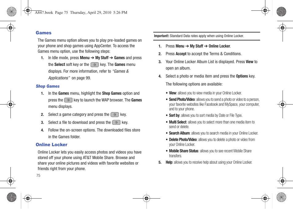 Games, Online locker, Games online locker | Samsung SGH-A847ZAAATT User Manual | Page 80 / 187