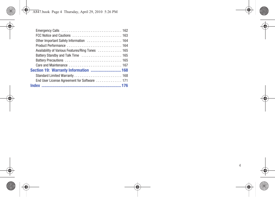 Section 19: warranty information 168 | Samsung SGH-A847ZAAATT User Manual | Page 9 / 187