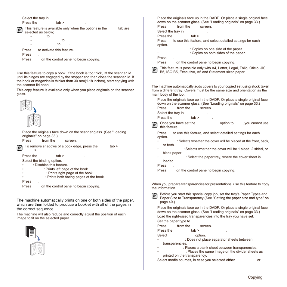 Book copying, Booklet copying, Cover copying | Transparency copying, See "book, See "transparency copying" on | Samsung SCX-6545N-XPE User Manual | Page 100 / 190