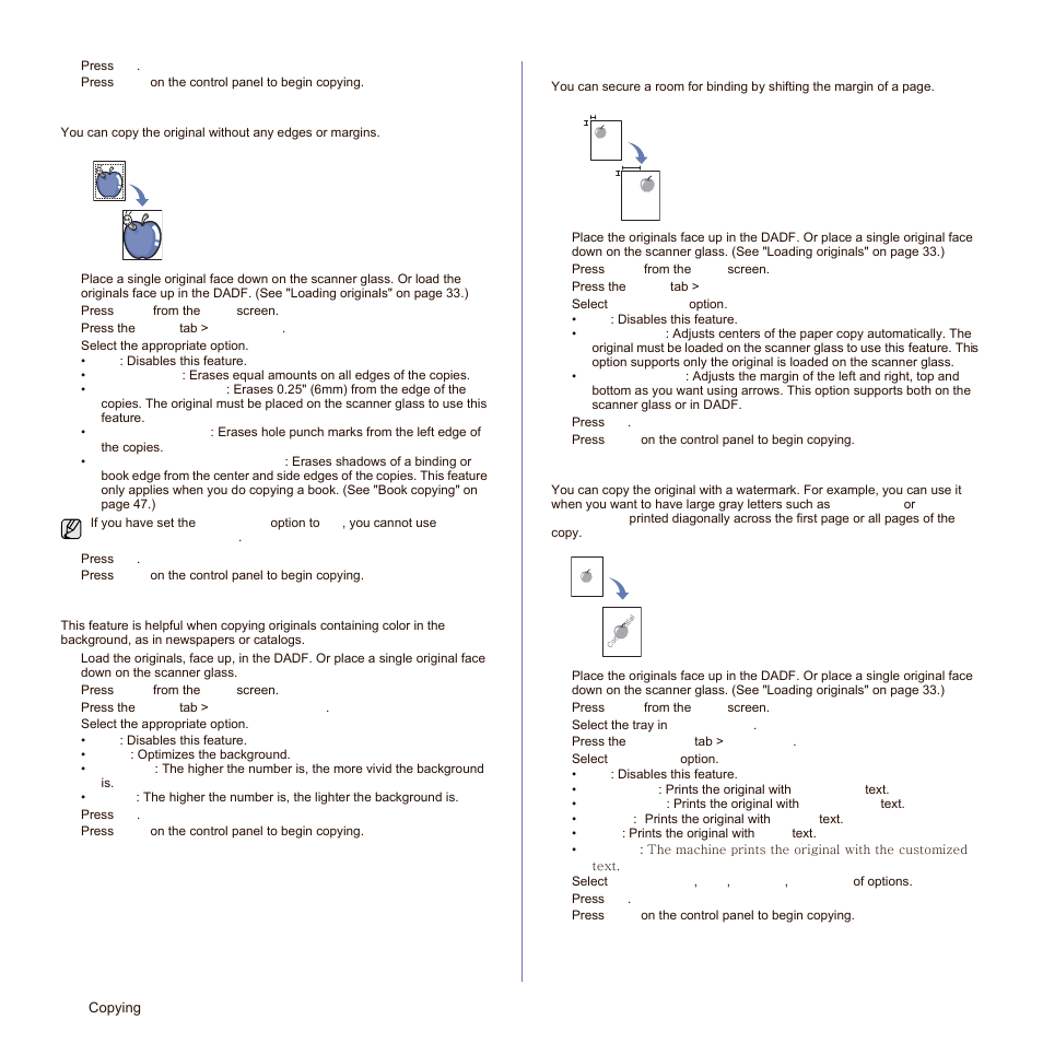 Erasing edges, Erasing background images, Shifting margins | Watermark copying, See "erasing | Samsung SCX-6545N-XPE User Manual | Page 101 / 190