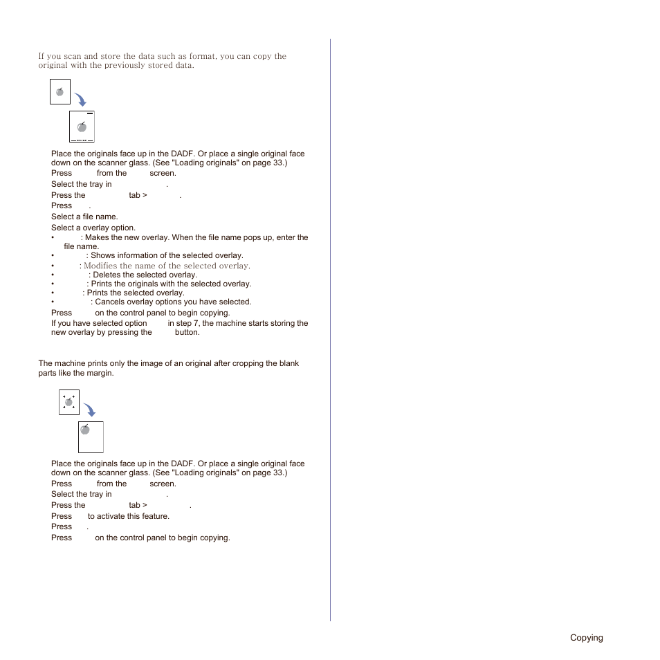 Overlay copying, Auto crop copying | Samsung SCX-6545N-XPE User Manual | Page 102 / 190