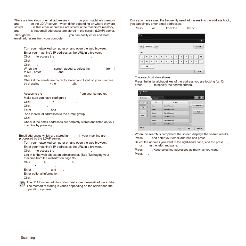 Storing email addresses, Entering email addresses by the address book, See "storing email | See "global" on | Samsung SCX-6545N-XPE User Manual | Page 107 / 190