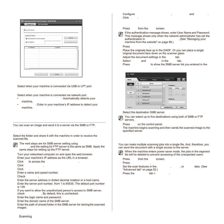 Change port tab, Preparation for scanning to smb/ftp, Scanning and sending to smb/ftp server | Scanning originals and sending via smb/ftp (scan, See "scanning originals and | Samsung SCX-6545N-XPE User Manual | Page 109 / 190