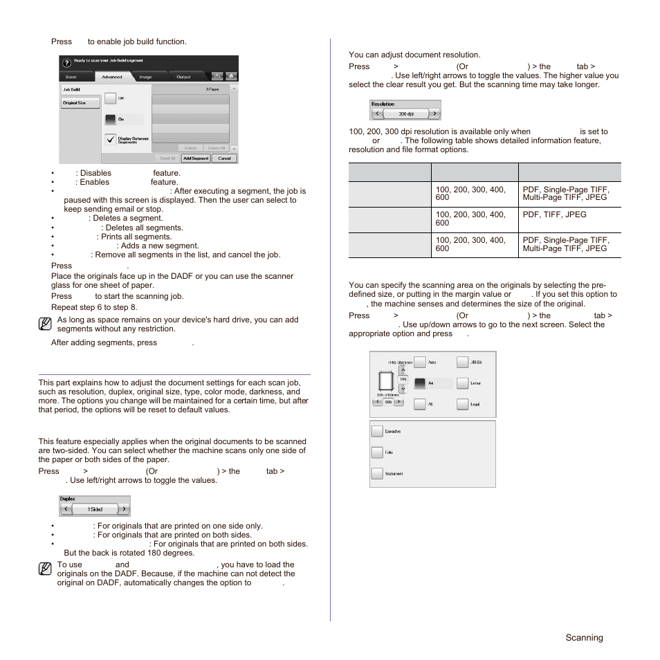 Changing the scan feature settings, Duplex, Resolution | Original size | Samsung SCX-6545N-XPE User Manual | Page 110 / 190