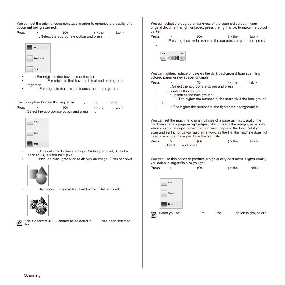 Original type, Color mode, Darkness | Erase background, Scan to edge, Quality, See "scan to | Samsung SCX-6545N-XPE User Manual | Page 111 / 190