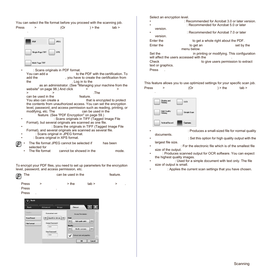 File format, Pdf encryption, Scan preset | See "file | Samsung SCX-6545N-XPE User Manual | Page 112 / 190