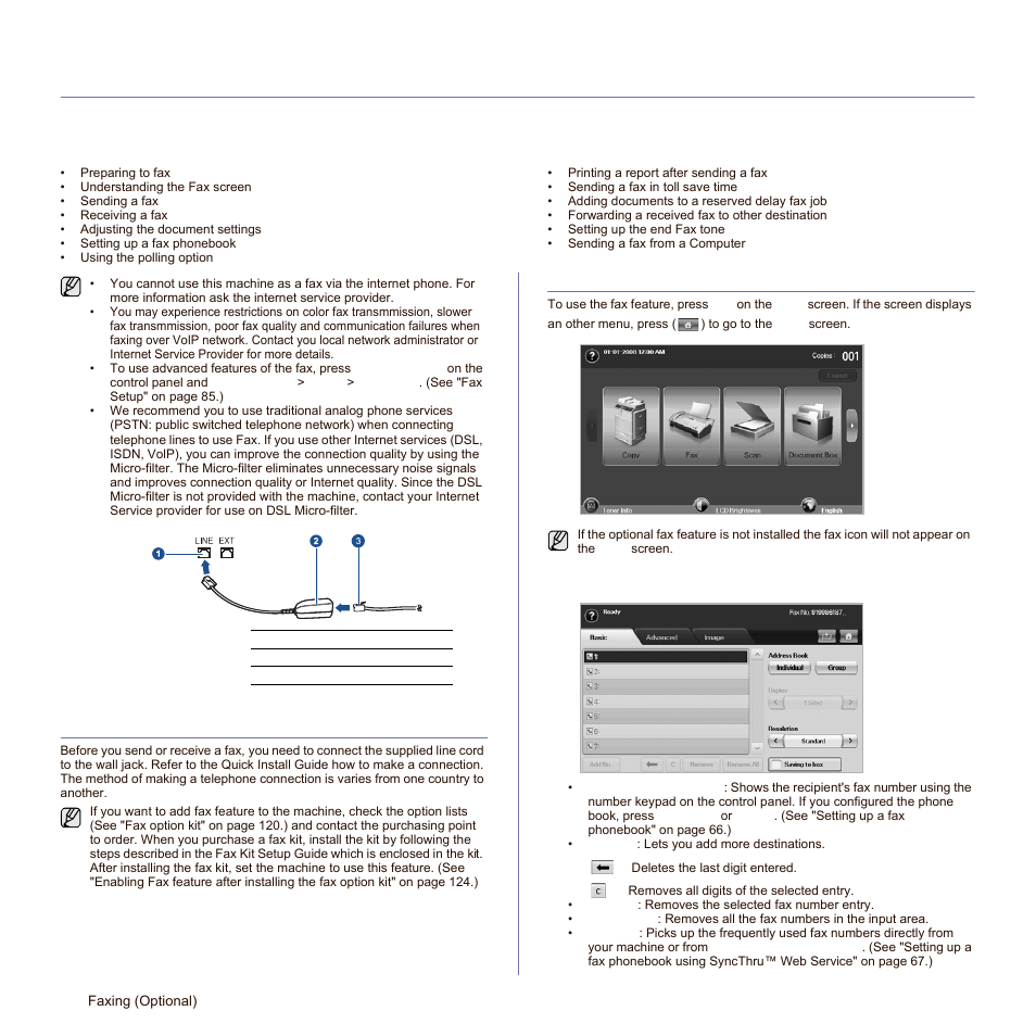 Faxing (optional), Preparing to fax, Understanding the fax screen | Basic tab | Samsung SCX-6545N-XPE User Manual | Page 114 / 190