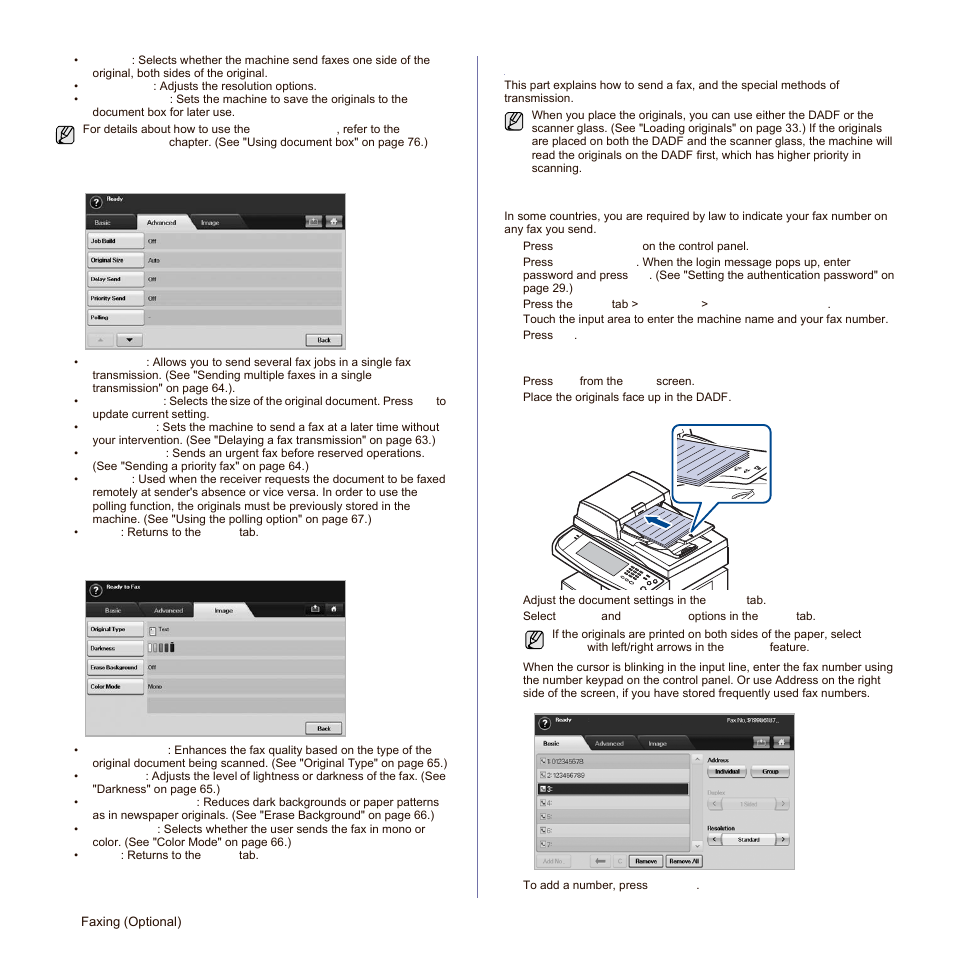 Advanced tab, Image tab, Sending a fax | Setting the fax header | Samsung SCX-6545N-XPE User Manual | Page 115 / 190