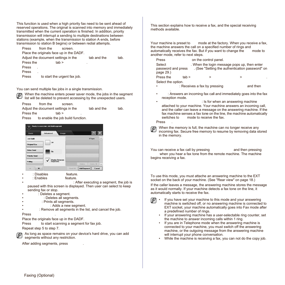 Sending a priority fax, Sending multiple faxes in a single transmission, Receiving a fax | Changing the receive modes, Receiving manually in telephone mode, See "sending multiple faxes in a single | Samsung SCX-6545N-XPE User Manual | Page 117 / 190