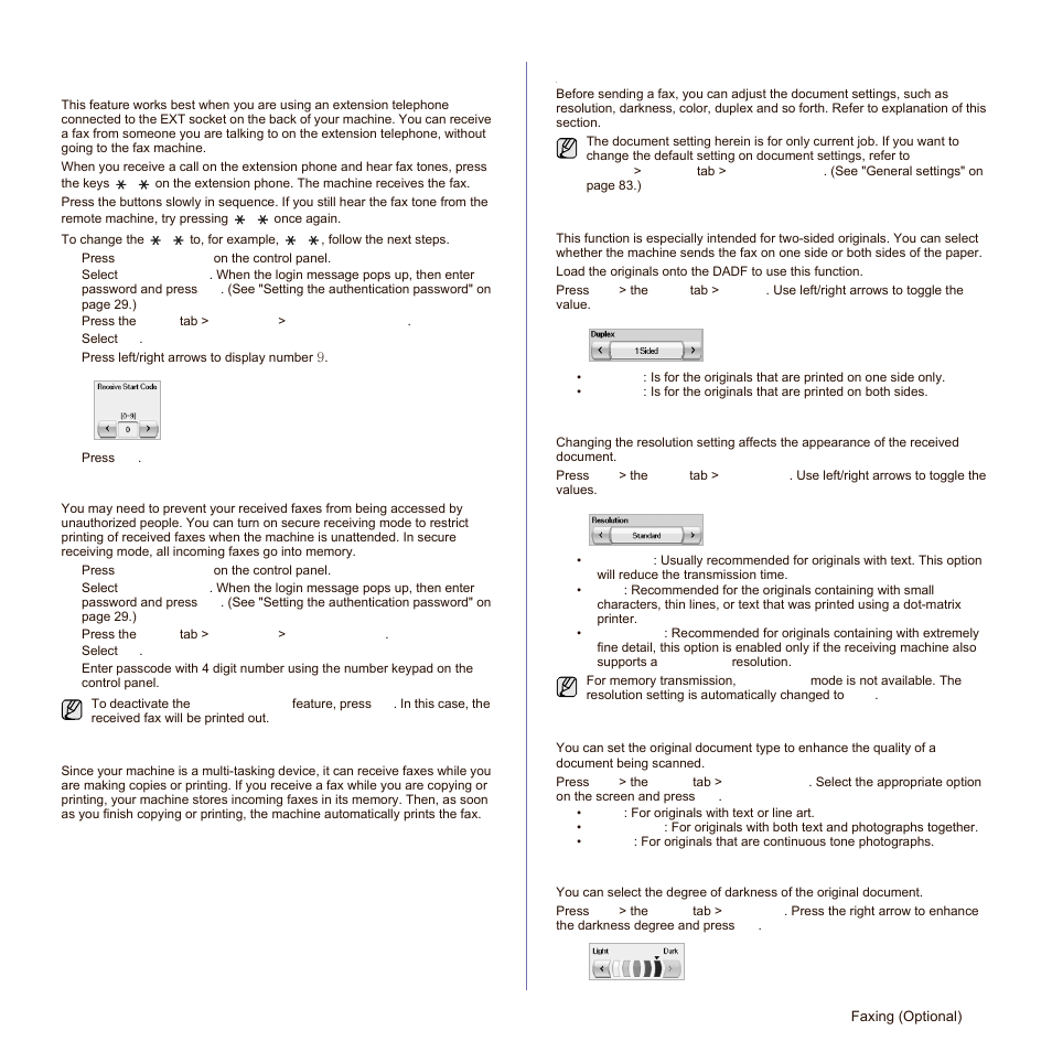 Receiving in secure receiving mode, Receiving faxes in memory, Adjusting the document settings | Duplex, Resolution, Original type, Darkness | Samsung SCX-6545N-XPE User Manual | Page 118 / 190