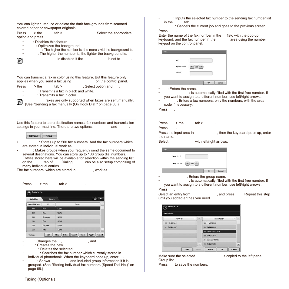 Erase background, Color mode, Setting up a fax phonebook | Storing individual fax numbers (speed dial no.), Storing group fax numbers (group no.), Storing individual fax numbers, Storing group fax numbers ( g, See "setting up a fax | Samsung SCX-6545N-XPE User Manual | Page 119 / 190