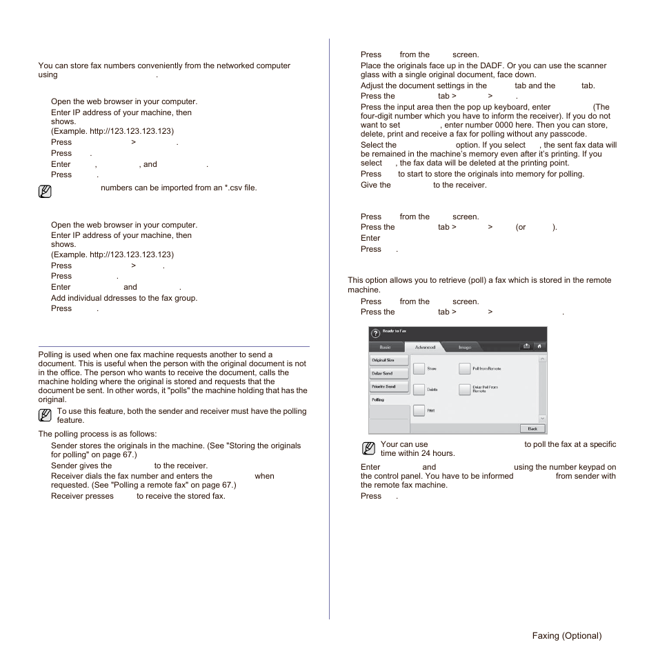Using the polling option, Storing the originals for polling, Printing (deleting) the polling document | Polling a remote fax, Setting up a fax phonebook using, See "setting up a | Samsung SCX-6545N-XPE User Manual | Page 120 / 190