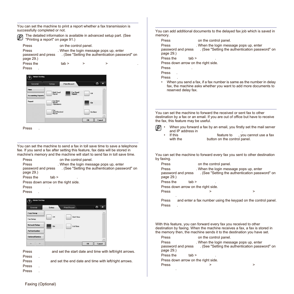 Printing a report after sending a fax, Sending a fax in toll save time, Adding documents to a reserved delay fax job | Forwarding a received fax to other destination | Samsung SCX-6545N-XPE User Manual | Page 121 / 190