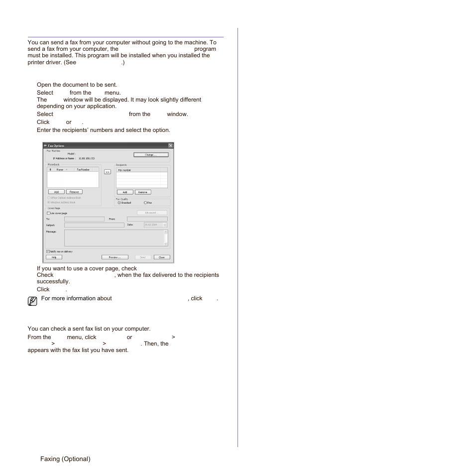 Sending a fax from a computer, Sending a fax from your computer, Checking a sent fax list | Samsung SCX-6545N-XPE User Manual | Page 123 / 190