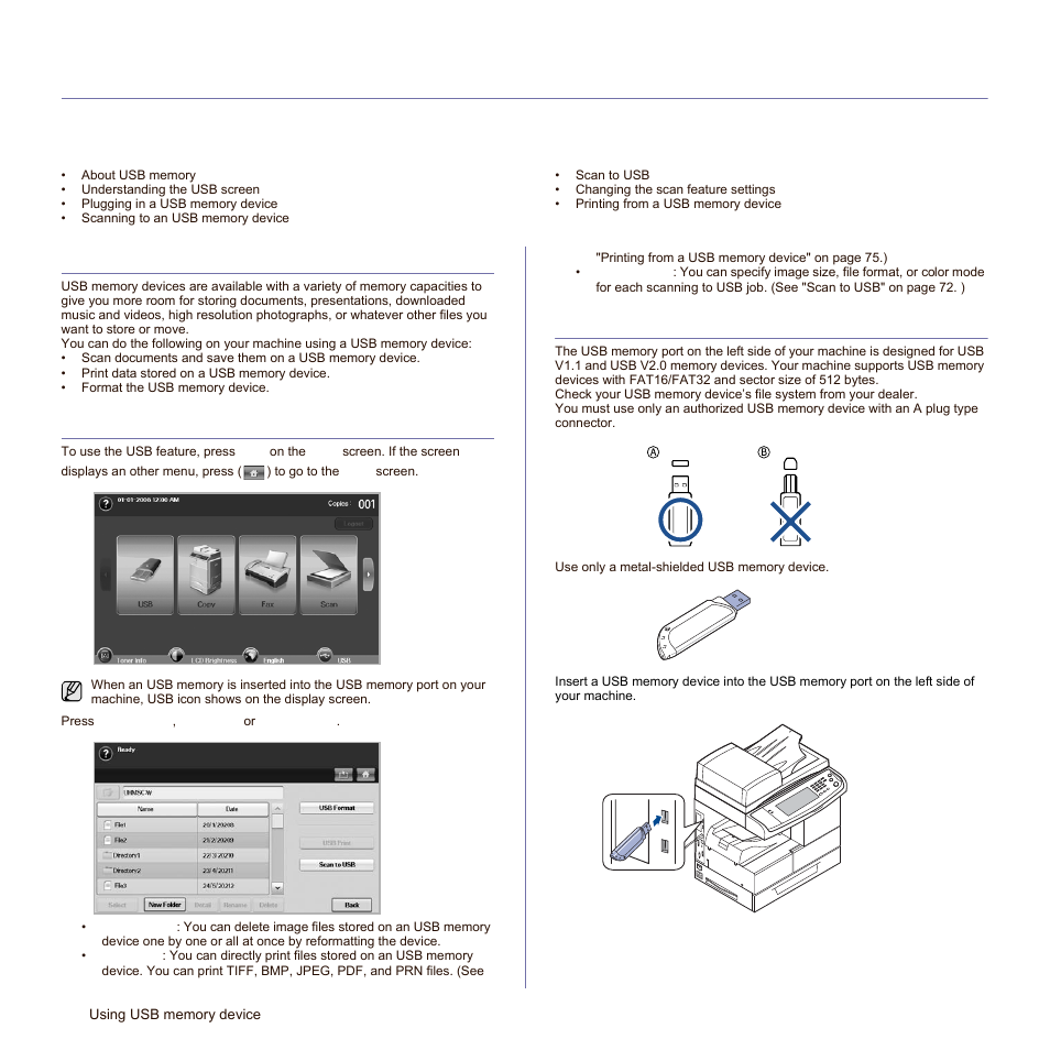 Using usb memory device, About usb memory, Understanding the usb screen | Plugging in a usb memory device | Samsung SCX-6545N-XPE User Manual | Page 124 / 190