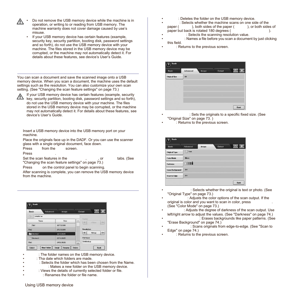Scanning to an usb memory device, Scanning, Scan to usb | Basic tab, Advanced tab, Image tab | Samsung SCX-6545N-XPE User Manual | Page 125 / 190