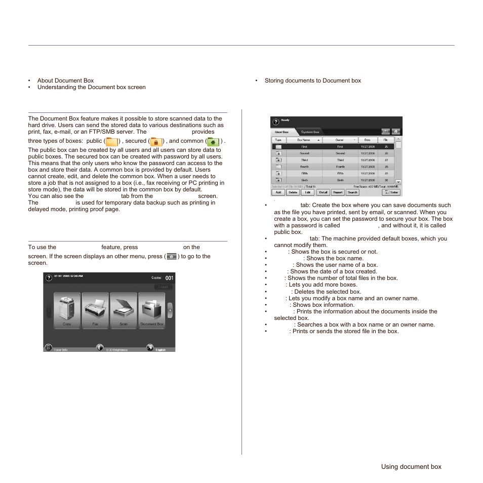 Using document box, About document box, Understanding the document box screen | Document box screen | Samsung SCX-6545N-XPE User Manual | Page 129 / 190