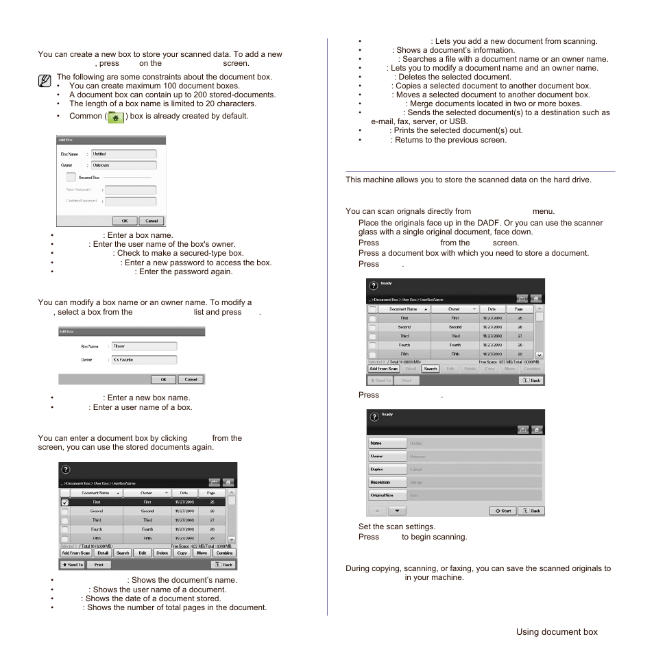 Box adding screen, Edit a box screen, Document list screen | Storing documents to document box, Storing documents from document box, Storing documents during copy, scan, fax function | Samsung SCX-6545N-XPE User Manual | Page 130 / 190