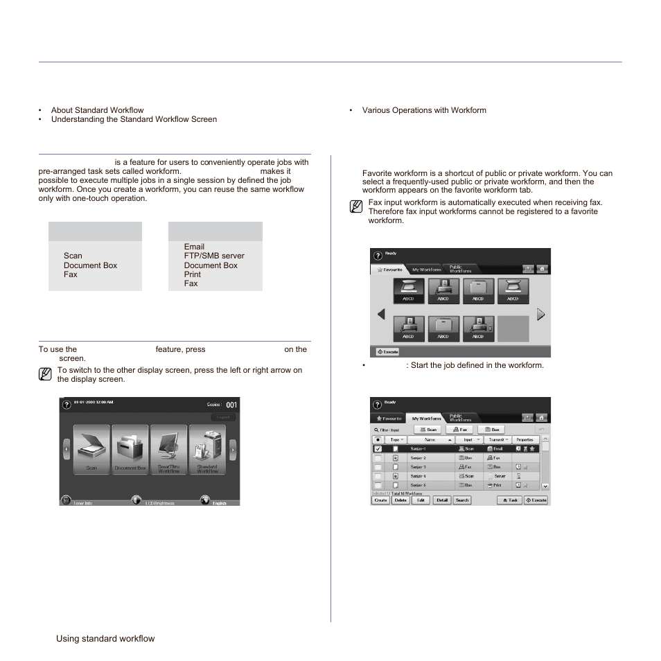 Using standard workflow, About standard workflow, Understanding the standard workflow screen | Workflow screen, About stan, Understanding the st | Samsung SCX-6545N-XPE User Manual | Page 132 / 190