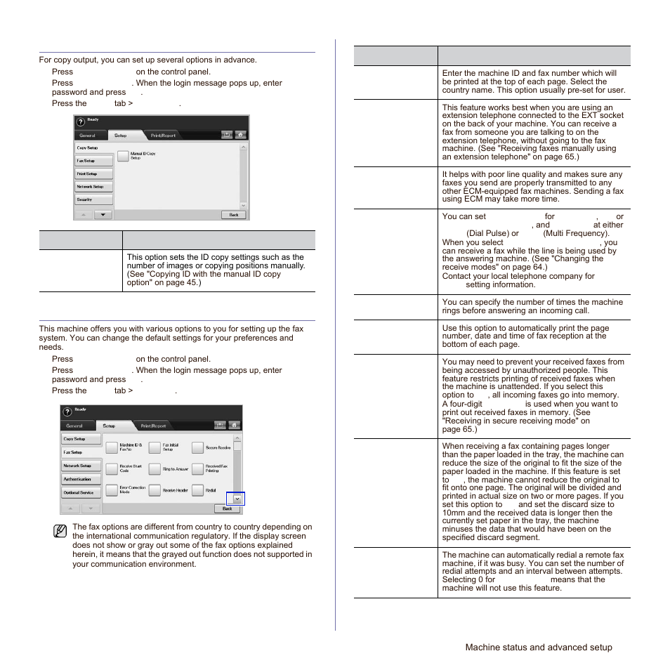 Copy setup, Fax setup, See "fax | Samsung SCX-6545N-XPE User Manual | Page 138 / 190
