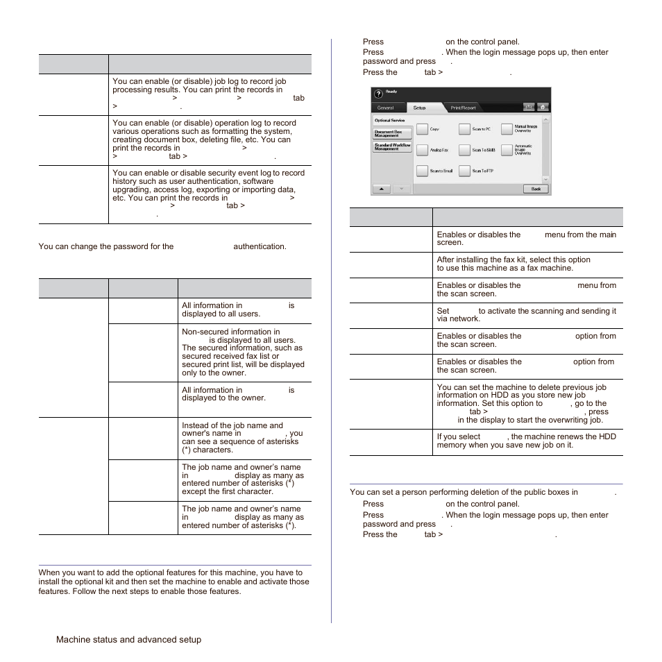 Change admin. password, Information hiding, Optional service | Document box management, Log change admin. password | Samsung SCX-6545N-XPE User Manual | Page 143 / 190