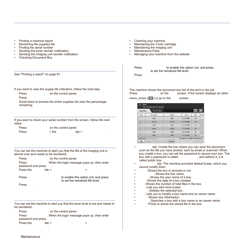 Maintenance, Printing a machine report, Monitoring the supplies life | Finding the serial number, Sending the imaging unit reorder notification, Sending the toner reorder notification, Checking document box, See "checking, See "printing a machine report" on | Samsung SCX-6545N-XPE User Manual | Page 146 / 190