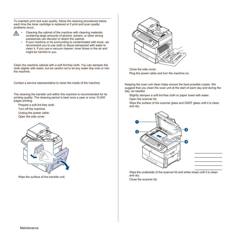 Cleaning your machine, Cleaning the outside, Cleaning the inside | Cleaning the transfer unit, Cleaning the scan unit | Samsung SCX-6545N-XPE User Manual | Page 147 / 190