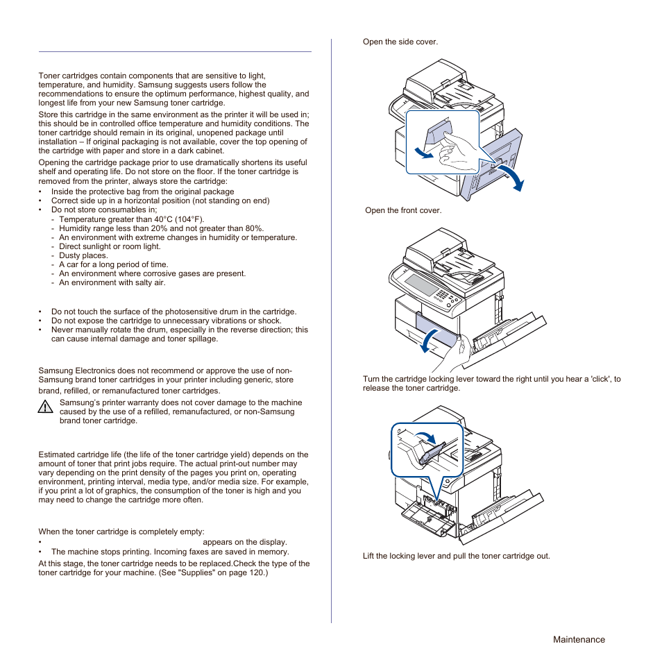 Maintaining the toner cartridge, Toner cartridge storage, Handling instructions | Use of non-samsung and refilled toner cartridge, Estimated cartridge life, Replacing the toner cartridge, See "replacing the toner cartridge" on | Samsung SCX-6545N-XPE User Manual | Page 148 / 190