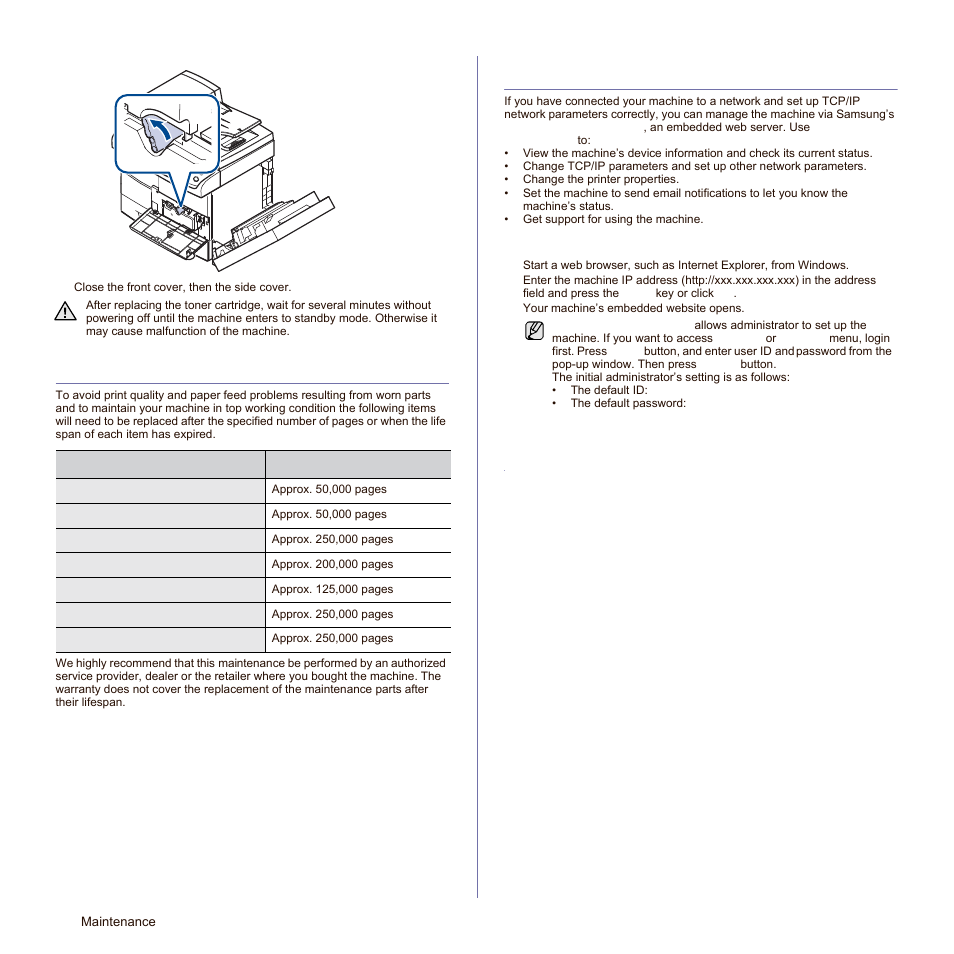 Maintenance parts, Managing your machine from the website, To access syncthru™ web service | To access, See "managing your, See "managing your machine from the website" on | Samsung SCX-6545N-XPE User Manual | Page 151 / 190