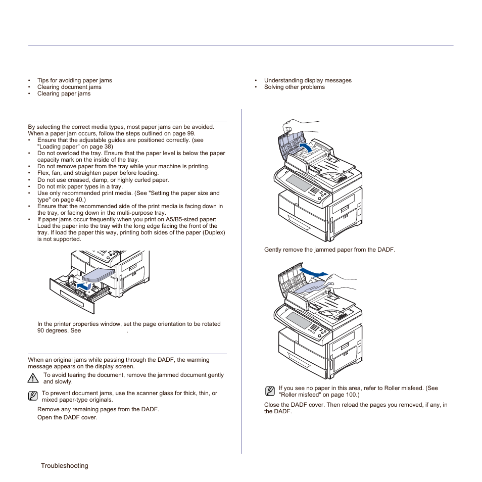 Troubleshooting, Tips for avoiding paper jams, Clearing document jams | Troubleshooting part. see | Samsung SCX-6545N-XPE User Manual | Page 152 / 190