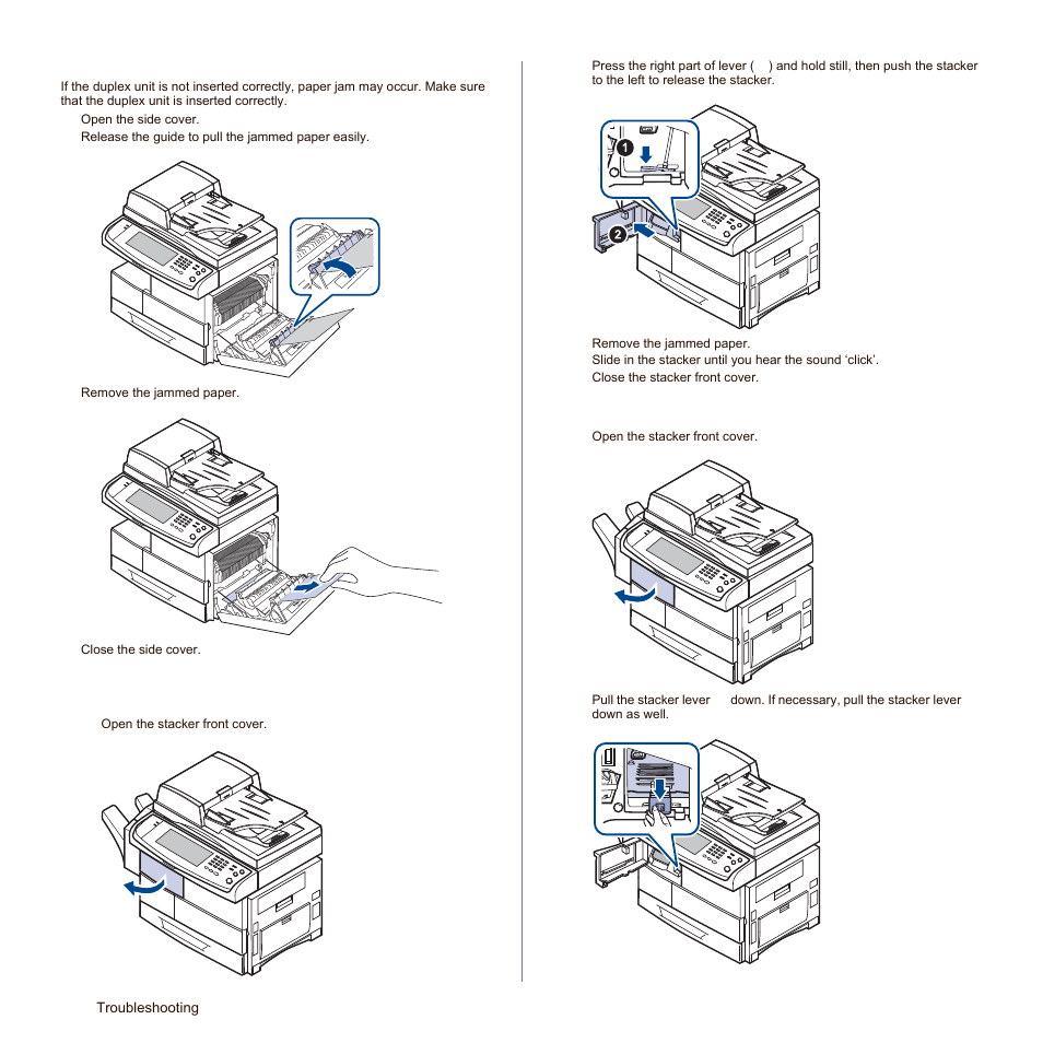 In the duplex unit area, In the stacker (finisher), See "in the duplex unit | See "paper jam in front, Of finisher" on, See "paper jam inside, Finisher, paper jam, Inside finisher’s | Samsung SCX-6545N-XPE User Manual | Page 159 / 190
