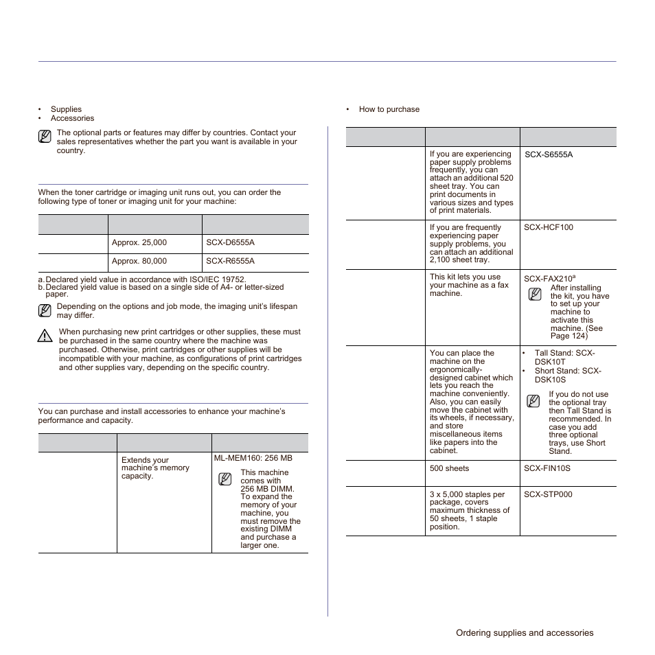 Ordering supplies and accessories, Supplies, Accessories | 120 supplies 120 accessories, See "staple, Cartridge" on | Samsung SCX-6545N-XPE User Manual | Page 173 / 190