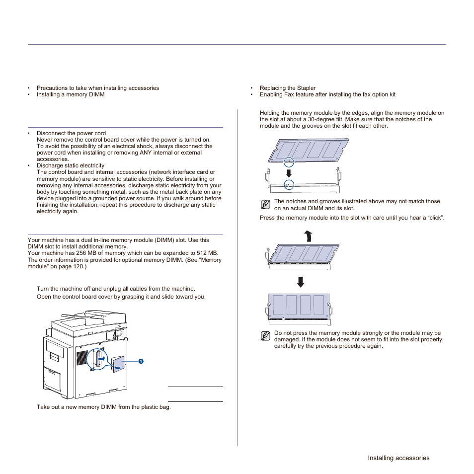 Installing accessories, Precautions to take when installing accessories, Installing a memory dimm | Installing a memory module | Samsung SCX-6545N-XPE User Manual | Page 175 / 190