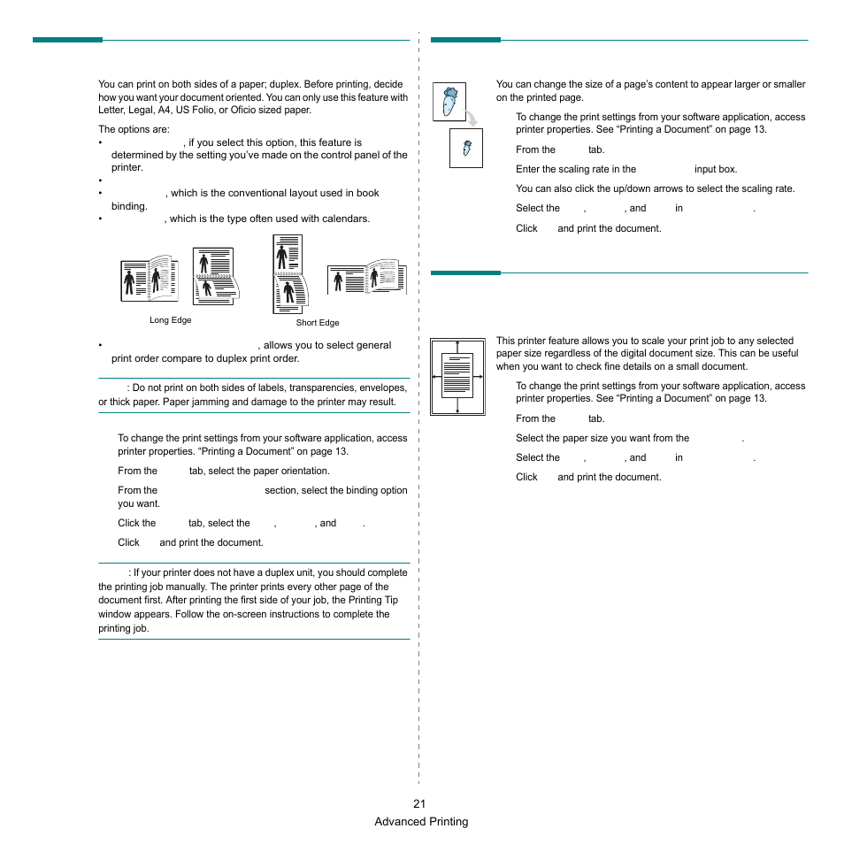 Printing on both sides of paper, Change percentage of your document, Fitting your document to a selected paper size | Samsung SCX-6545N-XPE User Manual | Page 23 / 190