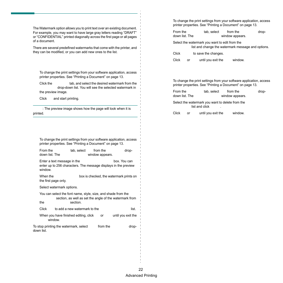 Using watermarks, Using an existing watermark, Creating a watermark | Editing a watermark, Deleting a watermark | Samsung SCX-6545N-XPE User Manual | Page 24 / 190