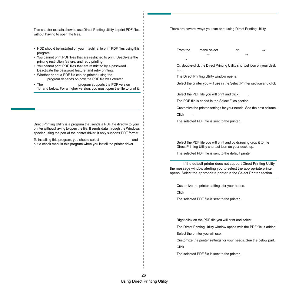 Using direct printing utility, Overview direct printing utility, Printing | From the direct printing utility window, Using the shortcut icon, Using the right-click menu | Samsung SCX-6545N-XPE User Manual | Page 28 / 190