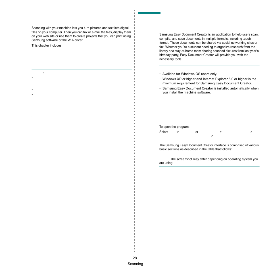 Scanning, Using samsung easy document creator, Understanding samsung easy document creator | Samsung SCX-6545N-XPE User Manual | Page 30 / 190