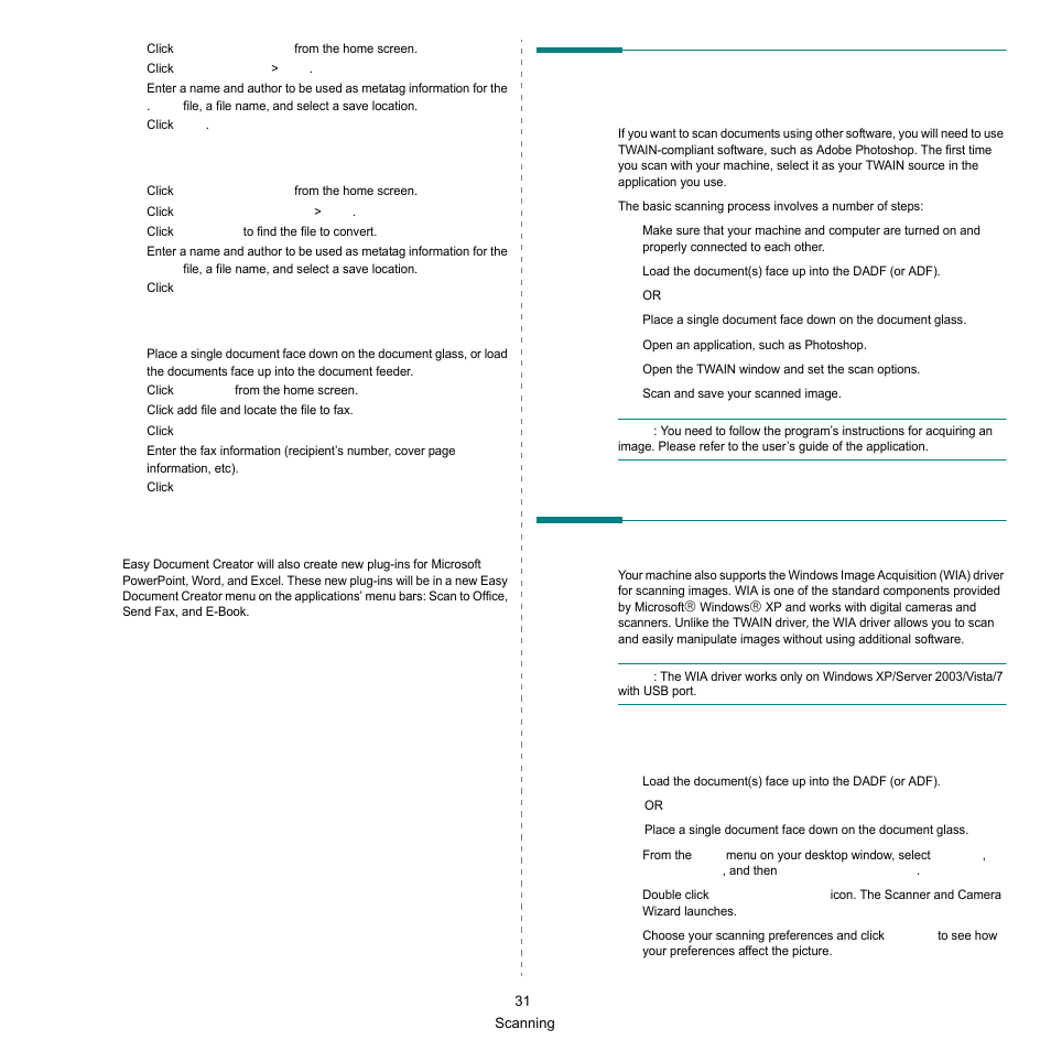 Plug-ins, Scanning process with twain- enabled software, Scanning using the wia driver | Windows xp/server 2003, Scanning process with twain-enabled software | Samsung SCX-6545N-XPE User Manual | Page 33 / 190