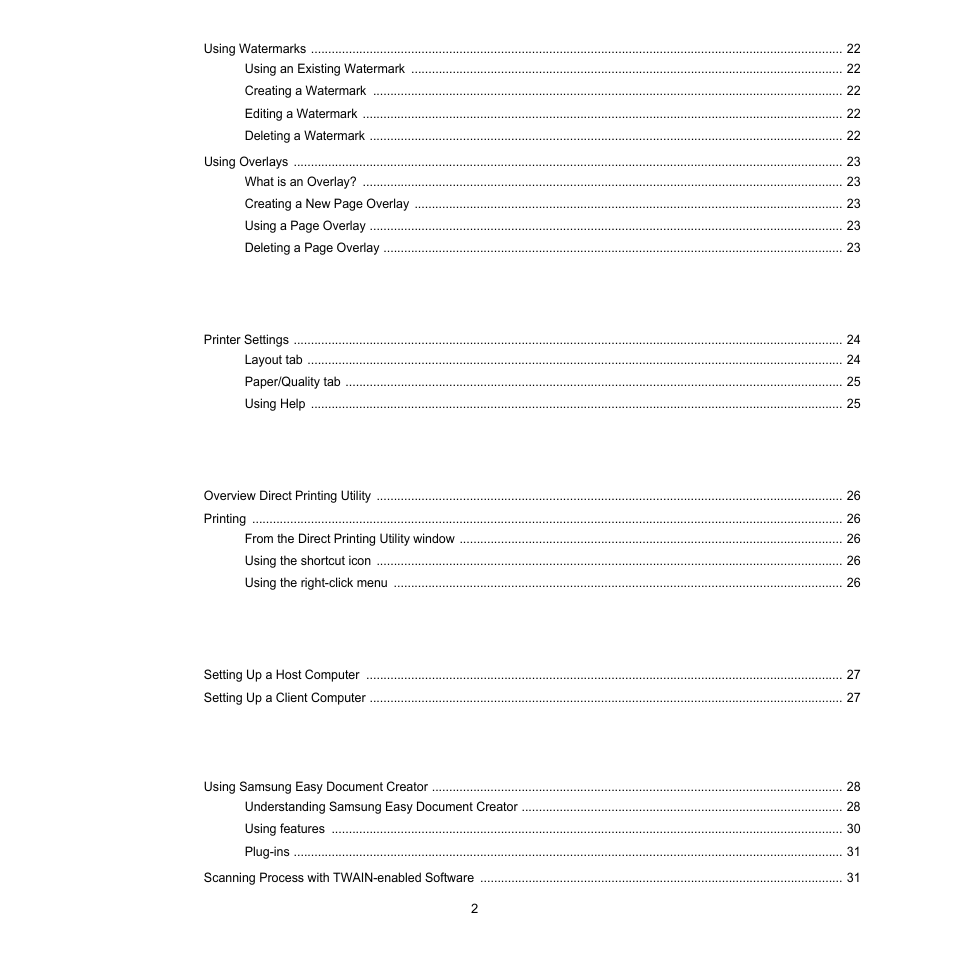 Using windows postscript driver, Using direct printing utility, Sharing the printer locally | Scanning | Samsung SCX-6545N-XPE User Manual | Page 4 / 190