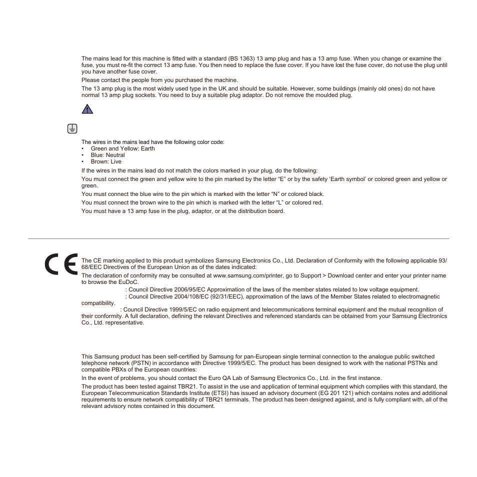 Replacing the fitted plug (for uk only), Declaration of conformity (european countries) | Samsung SCX-6545N-XPE User Manual | Page 63 / 190
